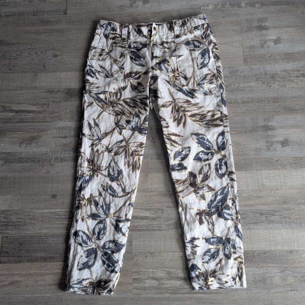 J.Crew Linen Garden Ankle Pants | Gold Leaf Foil Print | Size 4